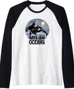 Save Our Oceans Orca Killer Whale Art Retro Style Climate Raglan Baseball Tee