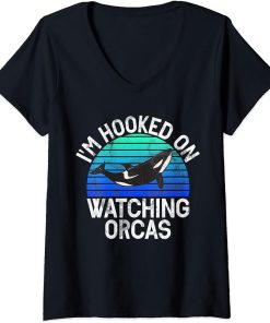 Womens I"m Hooked On Watching Orcas Whales Watch Dolphin Pottwhal V-Neck T-Shirt