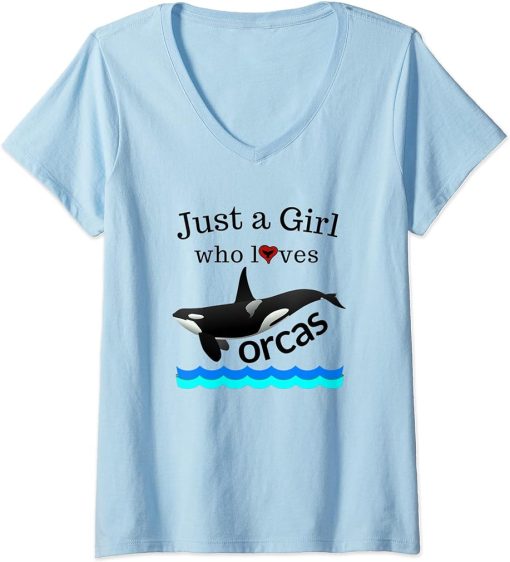 Womens Just A Girl Who Loves Orcas, Orca Whale Gift V-Neck T-Shirt