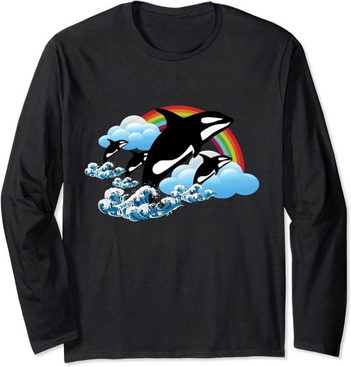 Killer Orca Whale Family Jumping Rainbow Funny Long Sleeve T-Shirt